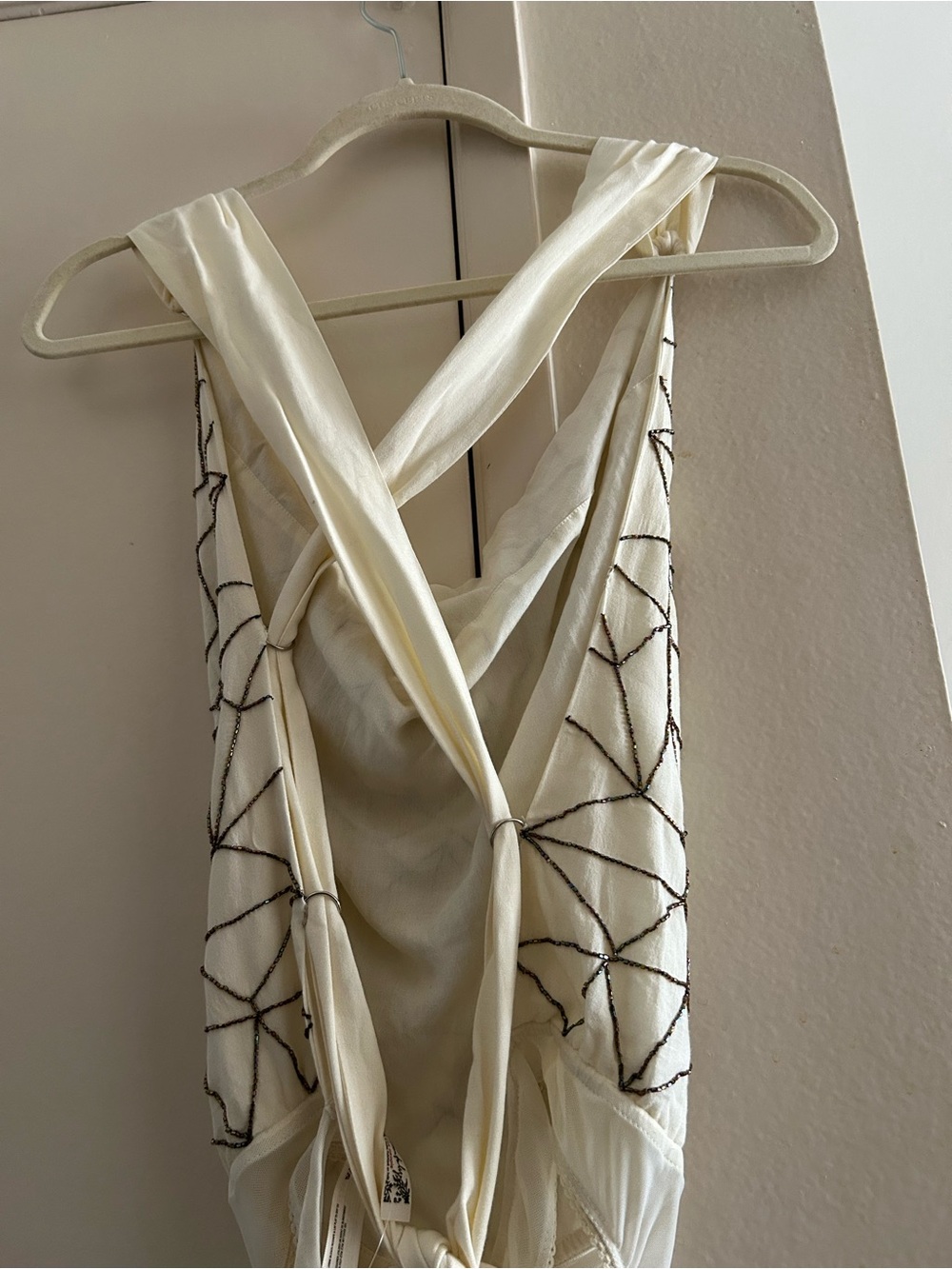 Free People Cream Draped Bodysuit with Black Geometric Stitching - Picture 7 of 10